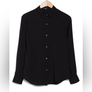 Theory Black Silk Button-Up Shirt Point Collar Long Sleeve Blouse—Size Small